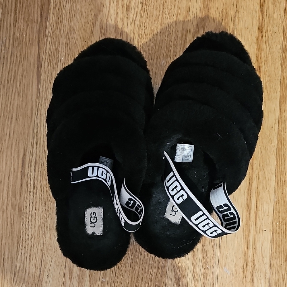 UGG Black Fluffy Slippers